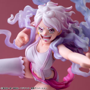 Macro shot of the high-detail facial sculpt and vibrant pink eyes of the Jewelry Bonney statue.