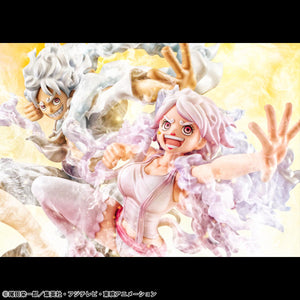 Comparison shot featuring Jewelry Bonney in her Nika form alongside the Luffy Gear 5 Portrait.Of.Pirates figure.