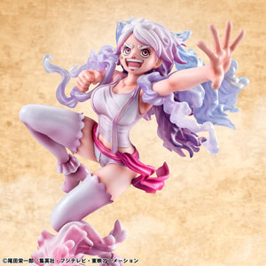 Detailed shot of Jewelry Bonney's determined expression and pearlescent skin paint.