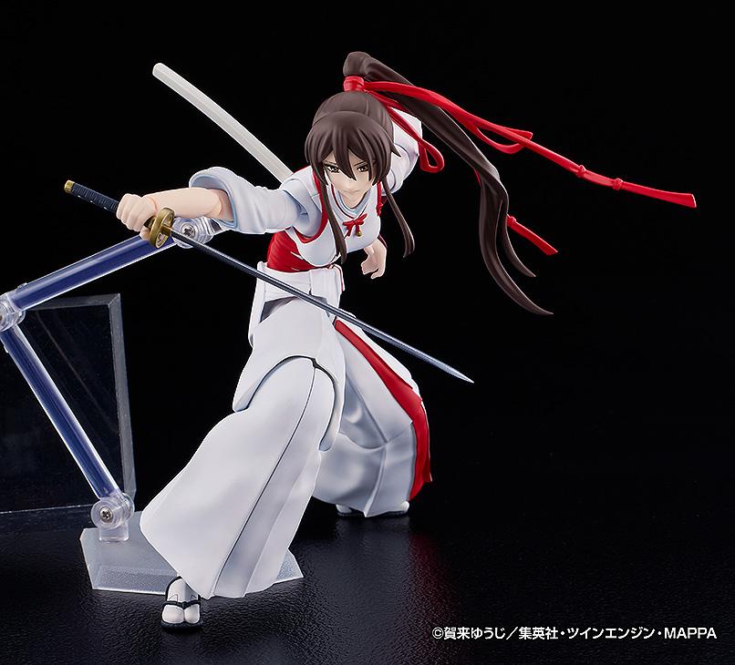 Sagiri figma from Jigokuraku in a dynamic crouching combat pose with her signature katana.