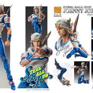 Official product sheet for Johnny Joestar showing the included stand, 8 interchangeable hands, face parts, and nail bullet effects.