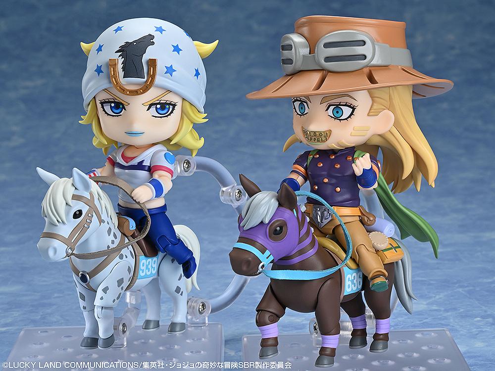 Comparison view of Johnny Joestar and Gyro Zeppeli Nendoroids riding their respective horses from Steel Ball Run.