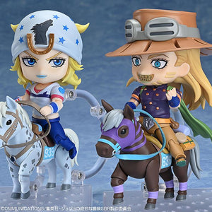 Comparison view of Johnny Joestar and Gyro Zeppeli Nendoroids riding their respective horses from Steel Ball Run.