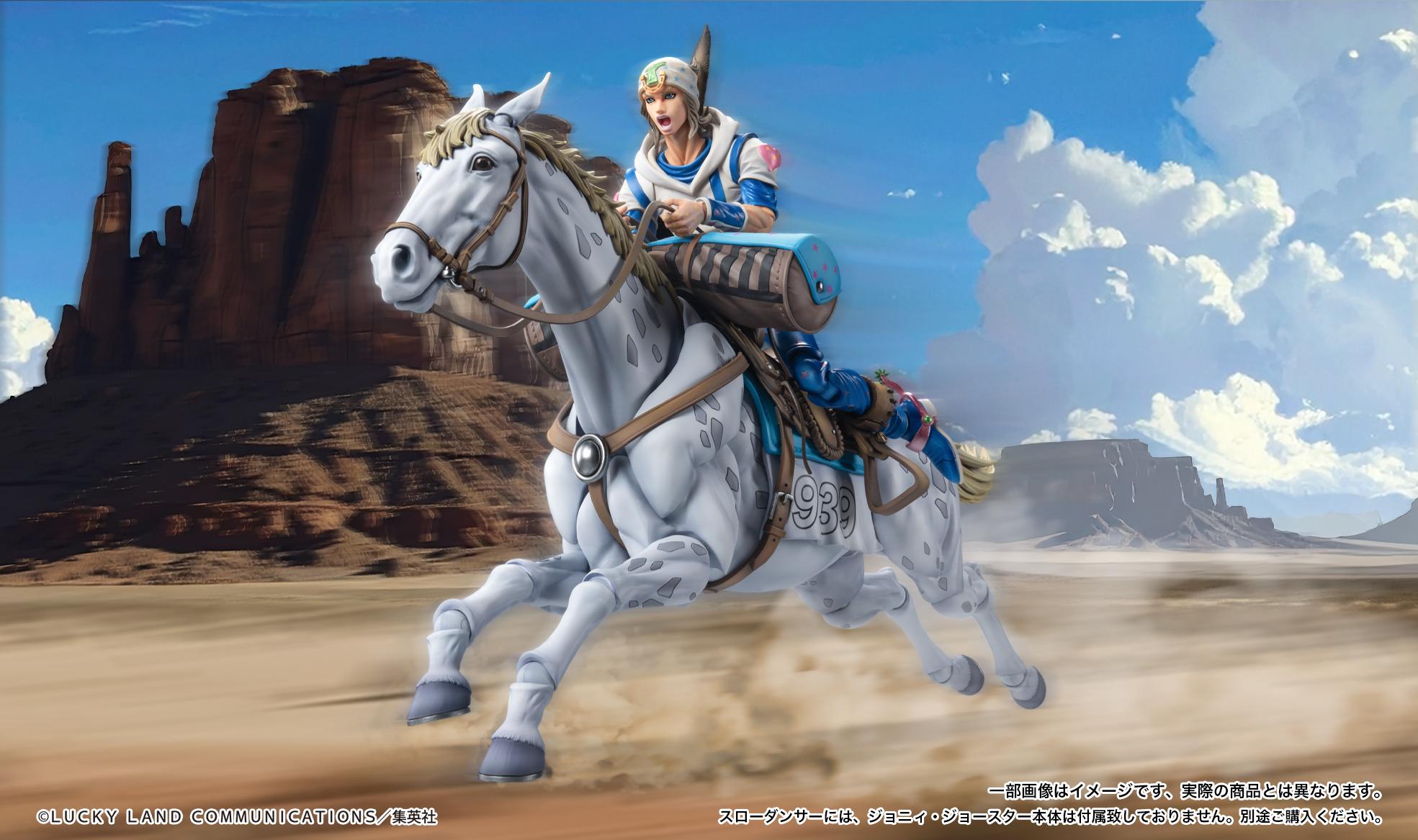 Full action scene of Johnny Joestar riding Slow Dancer at a high-speed gallop across a dusty desert plain.