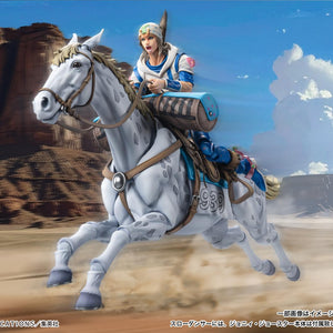 Full action scene of Johnny Joestar riding Slow Dancer at a high-speed gallop across a dusty desert plain.