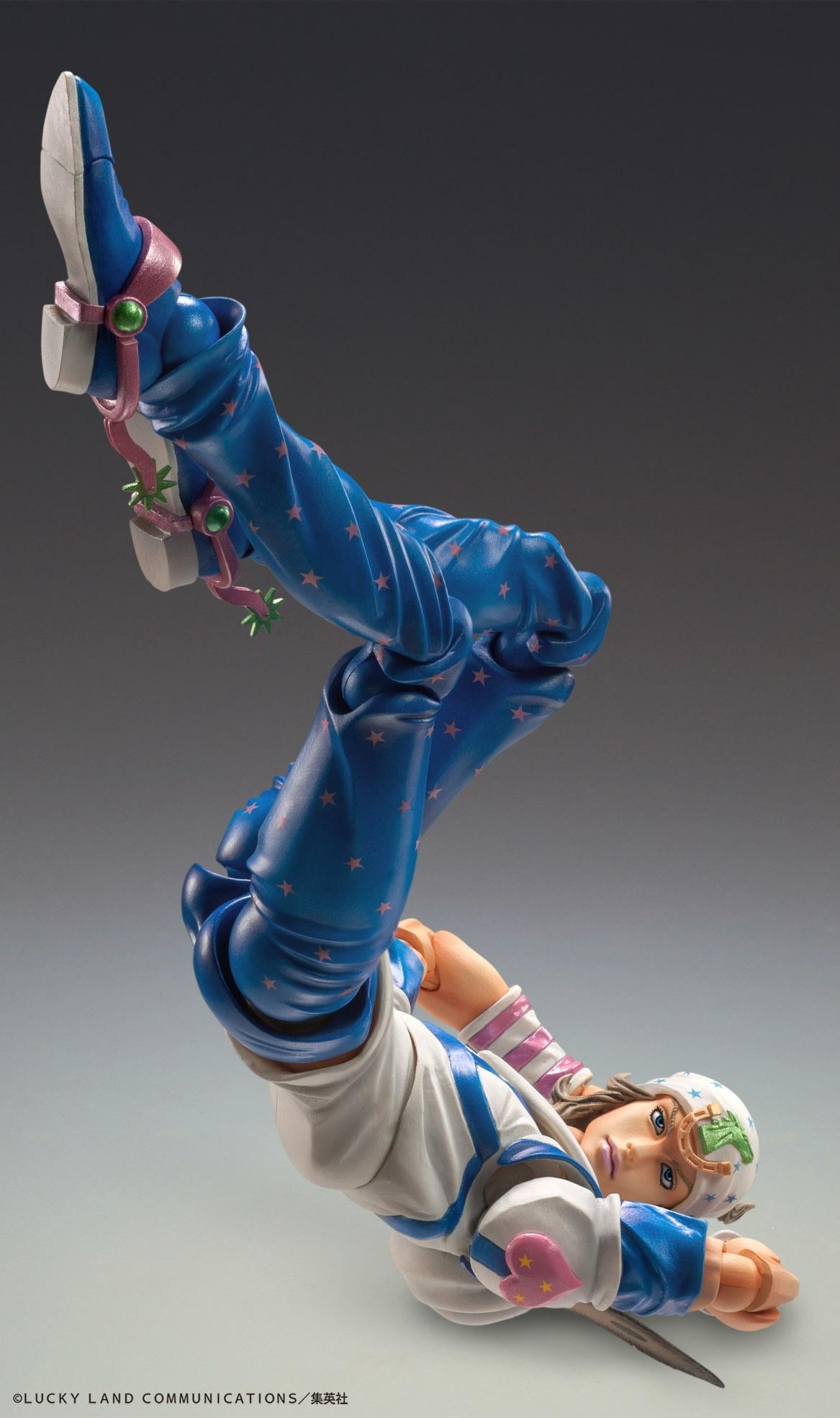 Highly articulated Johnny Joestar figure in a dynamic tumbling pose, showcasing the range of motion and detailed boot spurs.