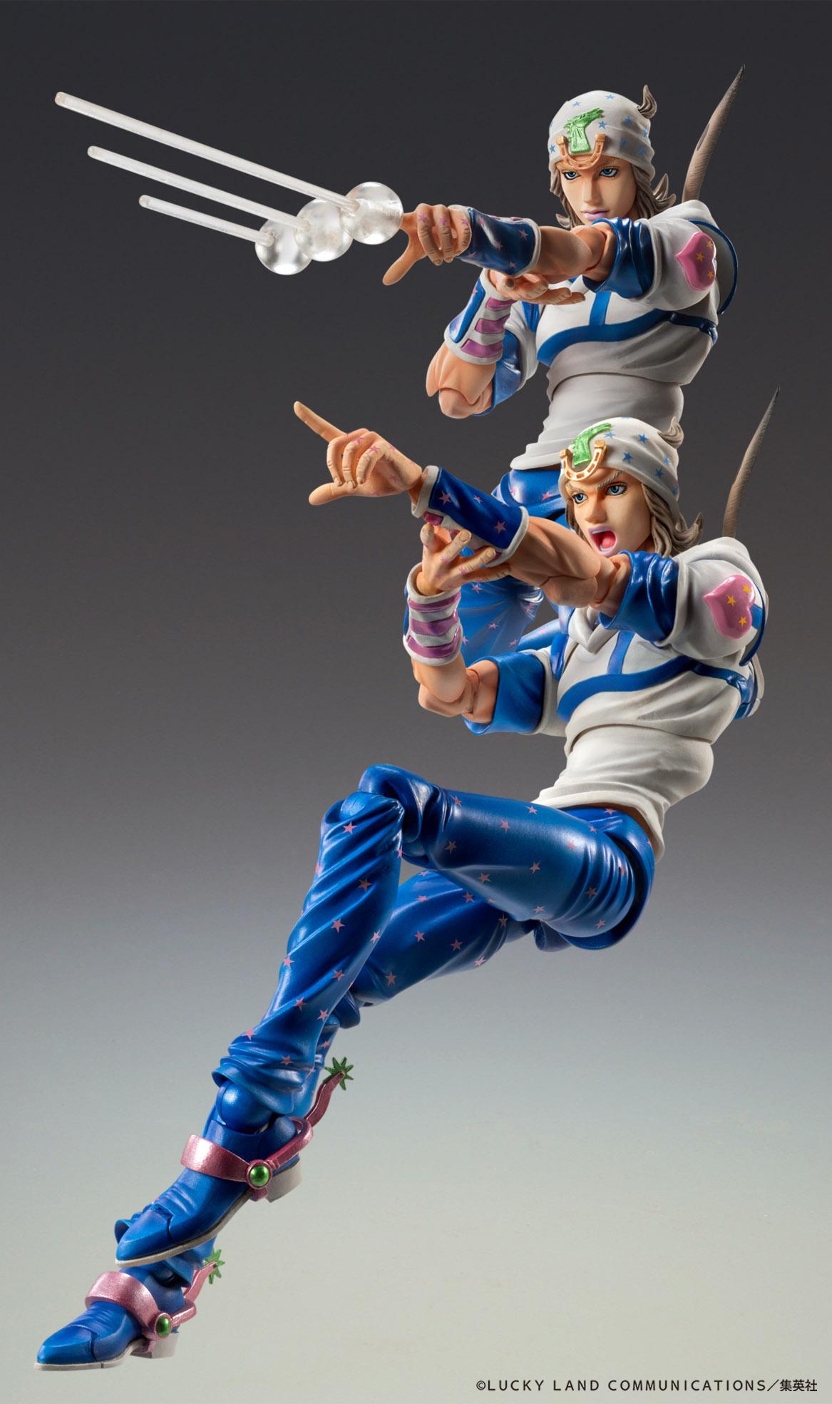 Johnny Joestar action figure using interchangeable hand and effect parts to recreate the Tusk nail bullet spin attack.