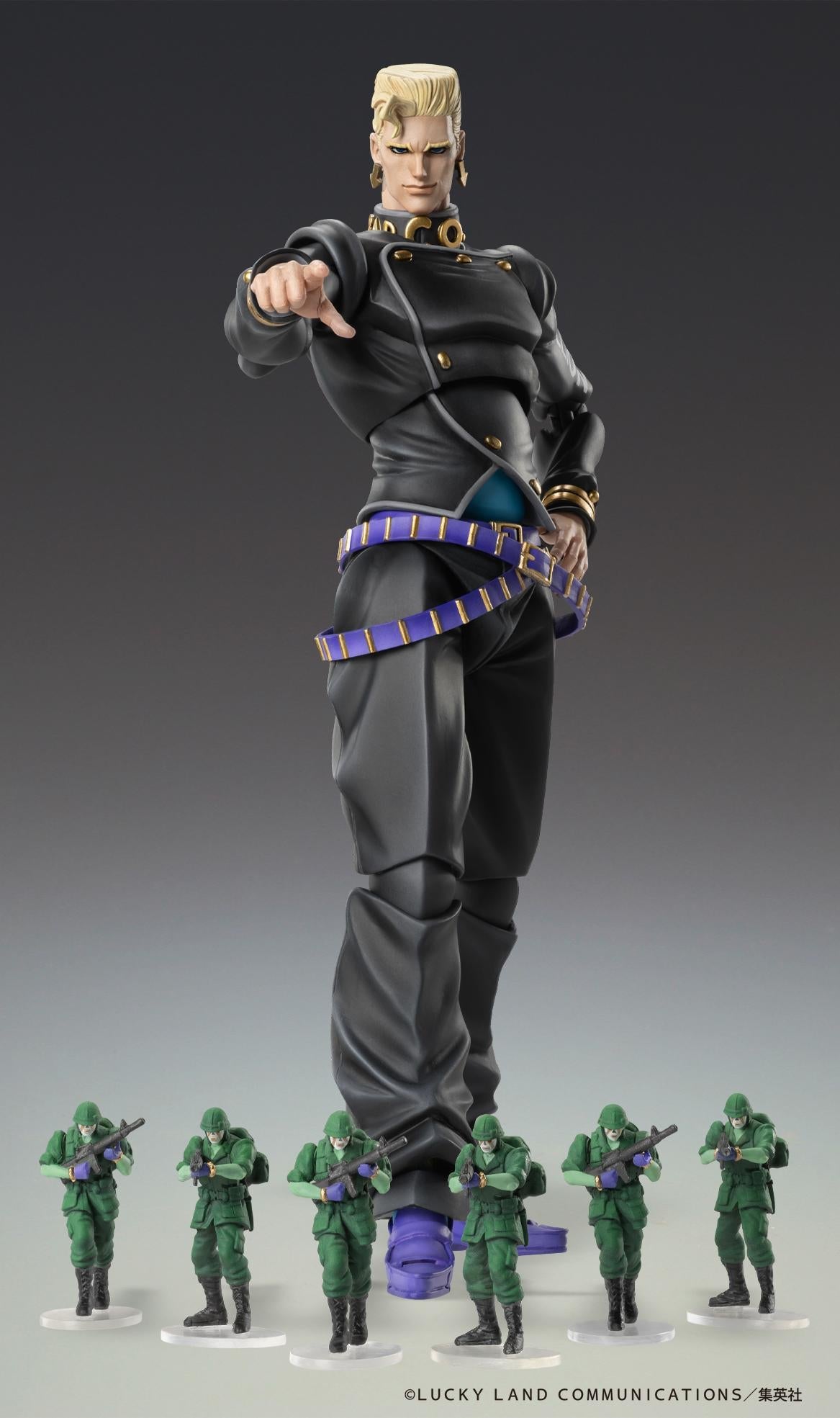 Full body shot of Keicho Nijimura Super Action Statue pointing forward with six Bad Company mini-soldier figures at his feet.