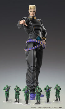 Full body shot of Keicho Nijimura Super Action Statue pointing forward with six Bad Company mini-soldier figures at his feet.