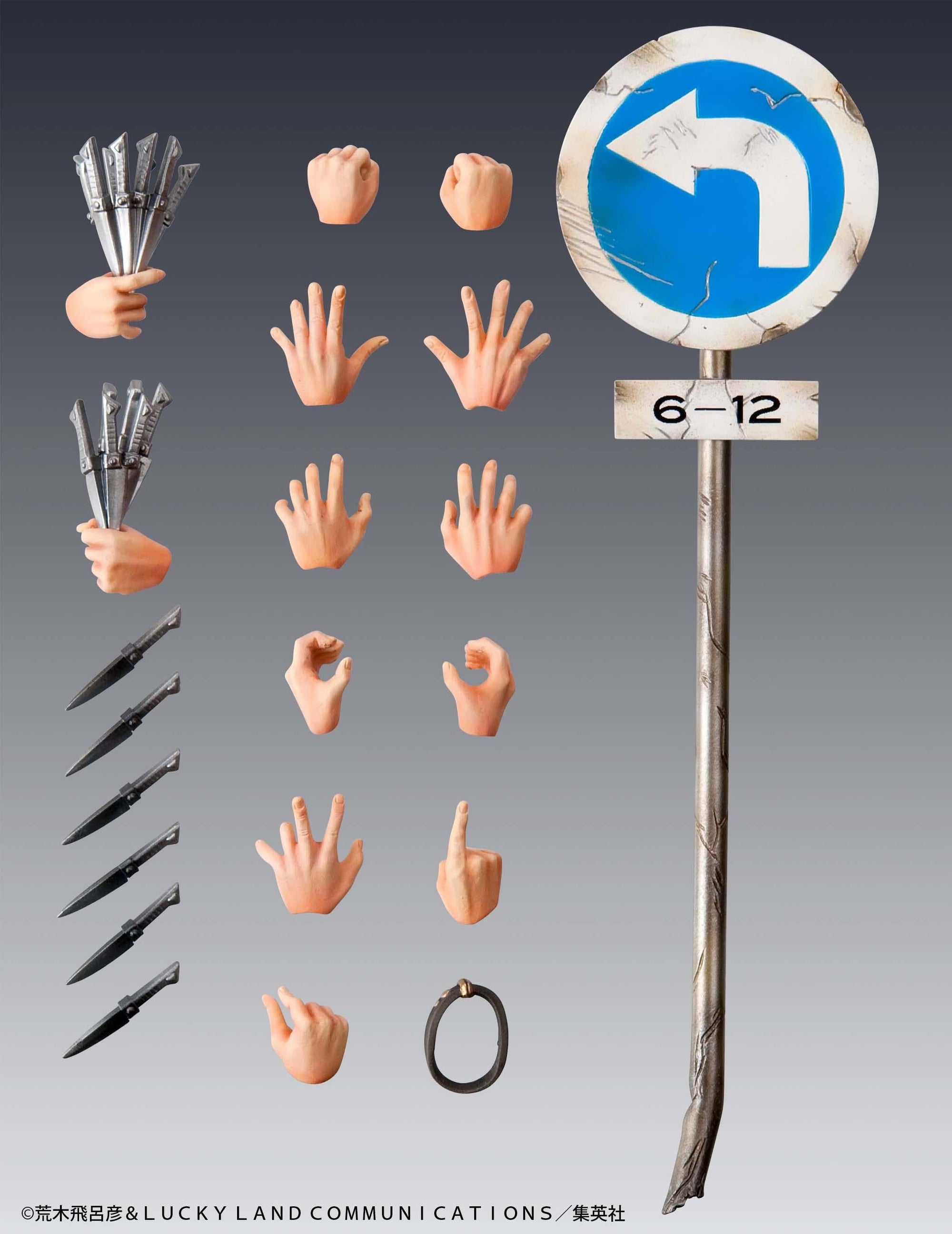 Complete accessory layout for DIO action figure featuring interchangeable hands, throwing knives, necklace, and street turn sign.