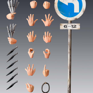 Complete accessory layout for DIO action figure featuring interchangeable hands, throwing knives, necklace, and street turn sign.