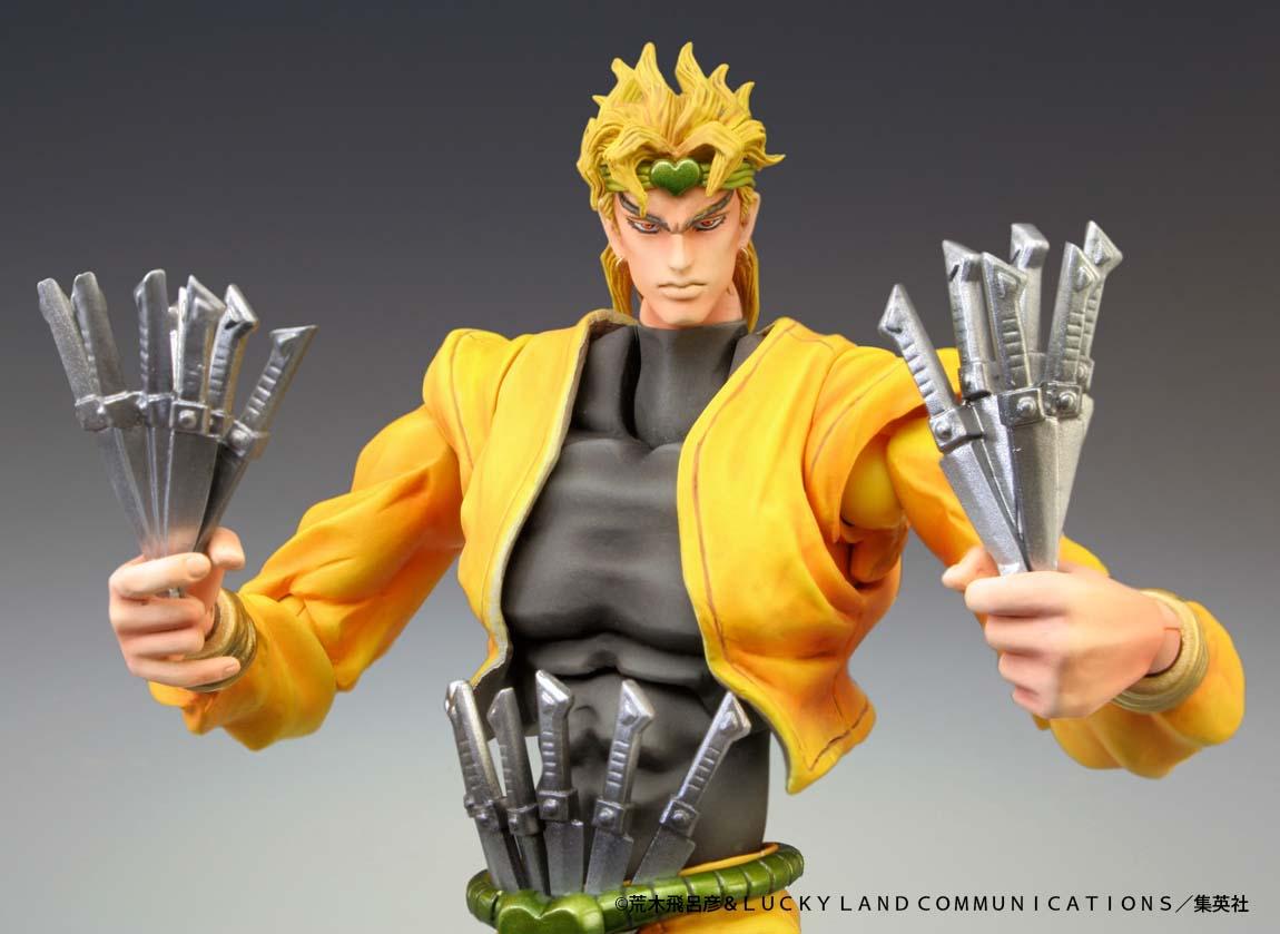 Detailed upper-body close-up of the DIO Super Action Statue action figure holding multiple throwing knives in both hands.
