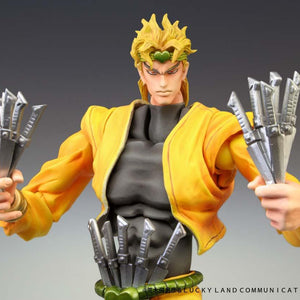 Detailed upper-body close-up of the DIO Super Action Statue action figure holding multiple throwing knives in both hands.
