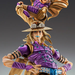 A collage of dynamic poses for the Gyro Zeppeli Ver. 1.5 figure showing the range of articulation and Steel Ball Run branding.