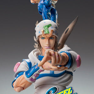 Promotional graphic for the Johnny Joestar figure with the Steel Ball Run logo and multiple close-up posing angles.