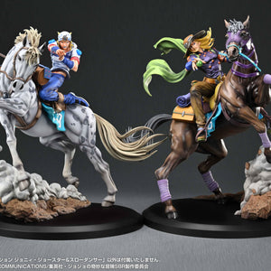 Side-by-side display of Johnny Joestar on Slow Dancer figure paired alongside Gyro Zeppeli on Valkyrie figure.