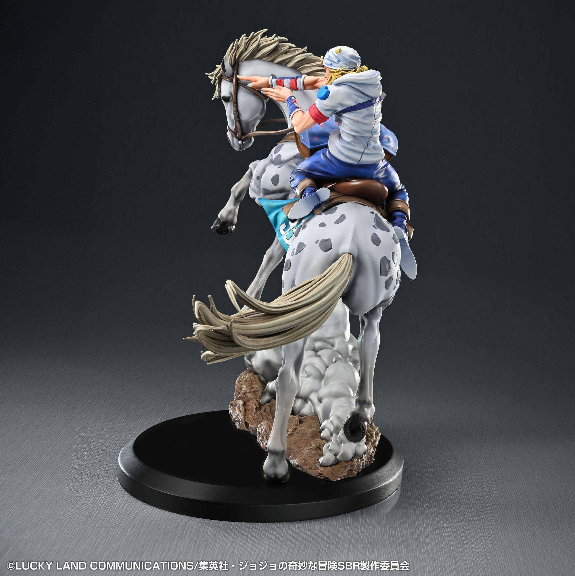 Back three-quarter angle view of Johnny Joestar on Slow Dancer highlighting the detailed horse tail and dirt plume base.