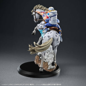 Back three-quarter angle view of Johnny Joestar on Slow Dancer highlighting the detailed horse tail and dirt plume base.
