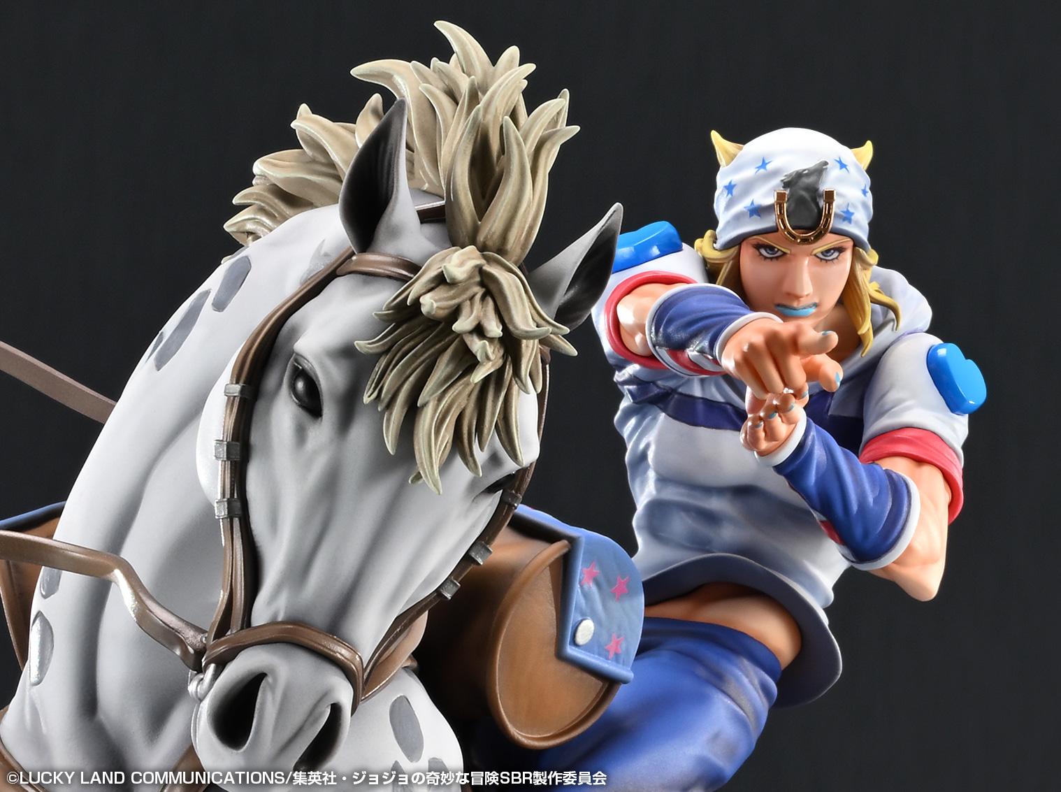 Close-up portrait shot of Johnny Joestar aiming his finger bullet alongside Slow Dancer's head and bridle.