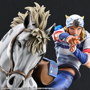 Close-up portrait shot of Johnny Joestar aiming his finger bullet alongside Slow Dancer's head and bridle.