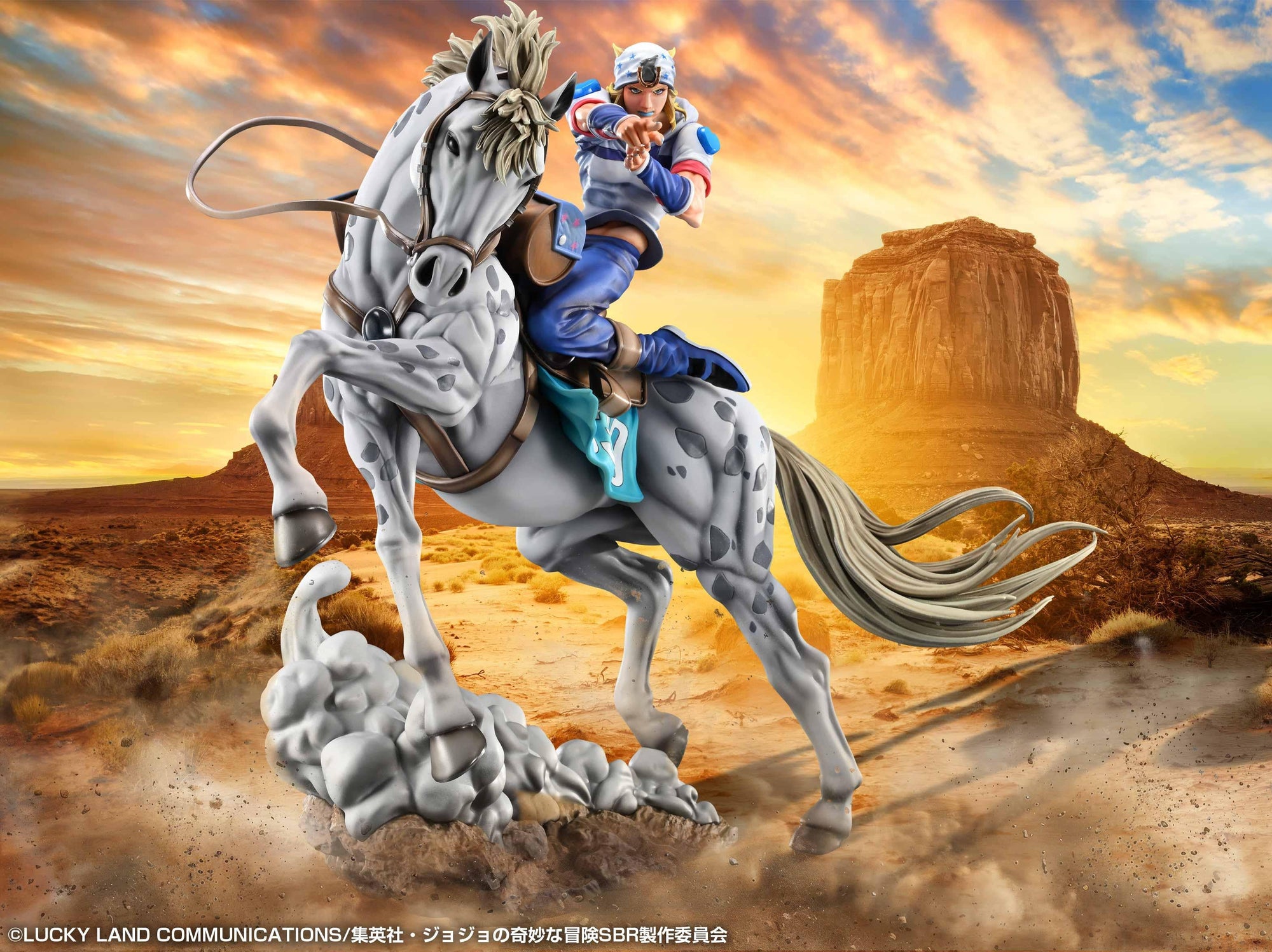 Promotional graphic of the Chozo Art Collection Johnny Joestar & Slow Dancer figure set against a Monument Valley desert sunset.