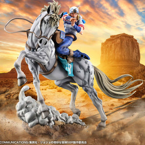 Promotional graphic of the Chozo Art Collection Johnny Joestar & Slow Dancer figure set against a Monument Valley desert sunset.
