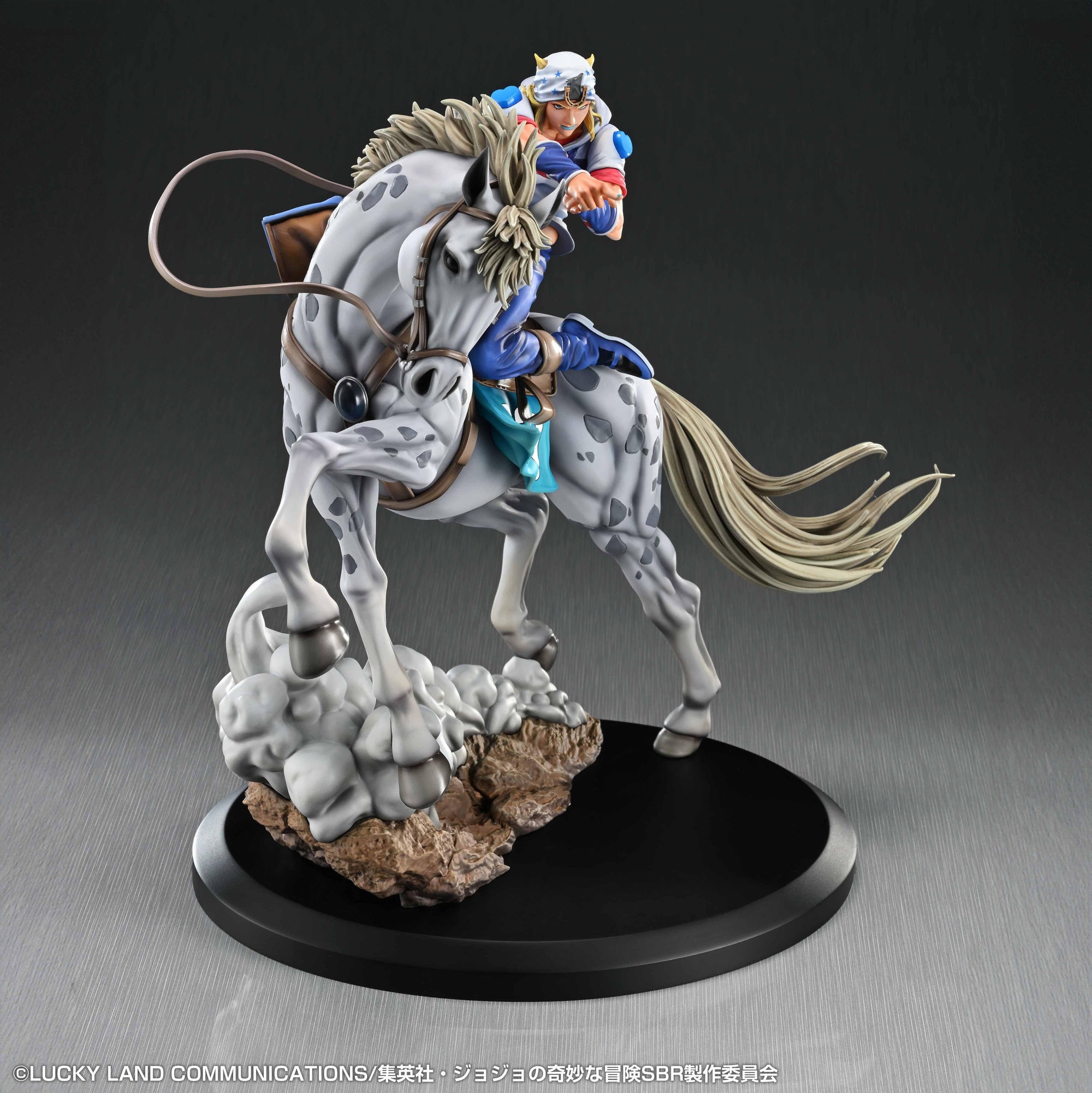 Front three-quarter view of Johnny Joestar pointing forward while mounted atop a rearing Slow Dancer statue.