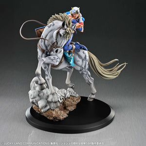 Front three-quarter view of Johnny Joestar pointing forward while mounted atop a rearing Slow Dancer statue.
