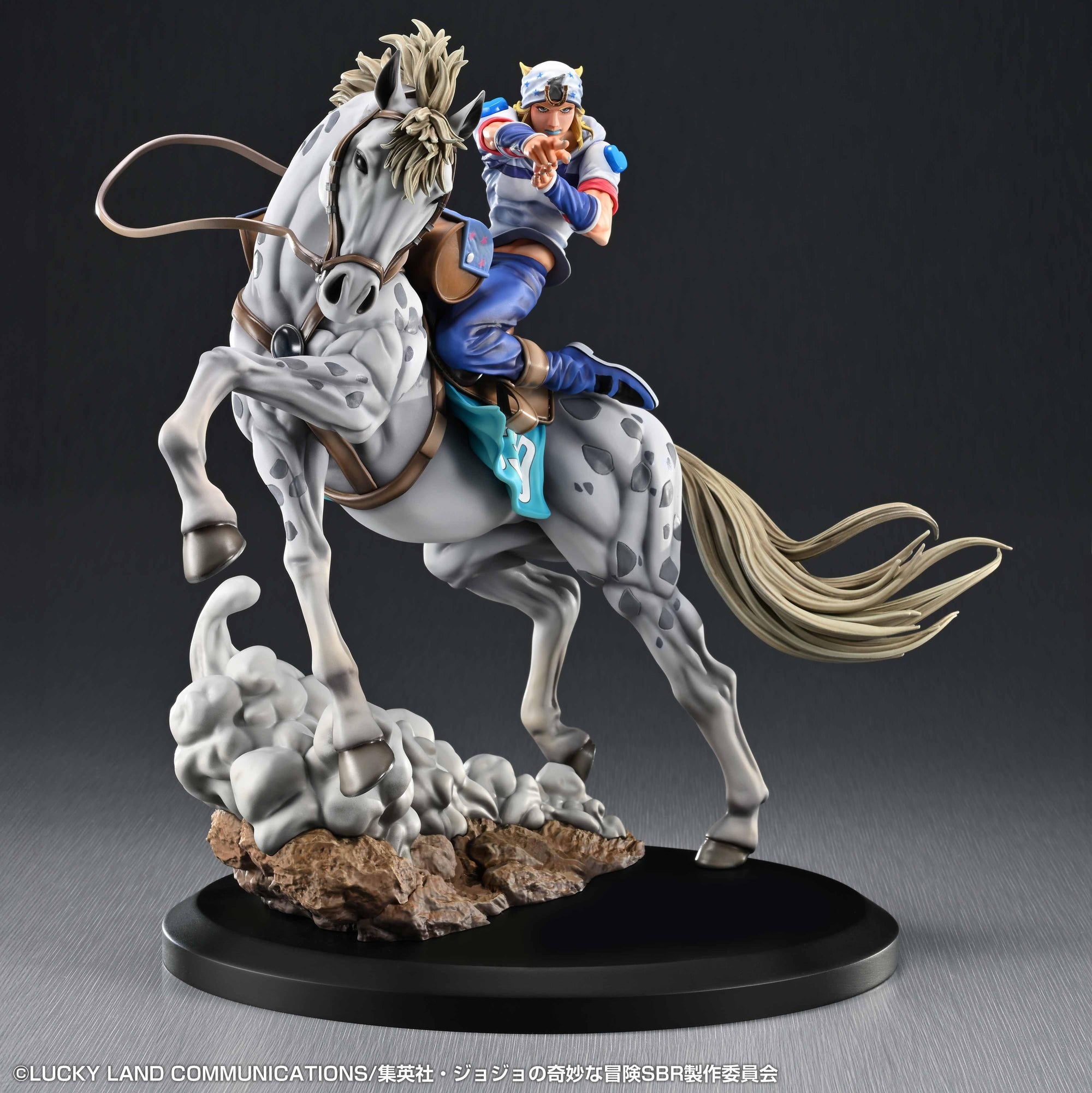 JoJo's Bizarre Adventure Chozo Art Collection statue of Johnny Joestar riding horse Slow Dancer on a dust cloud base.