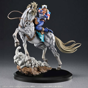 JoJo's Bizarre Adventure Chozo Art Collection statue of Johnny Joestar riding horse Slow Dancer on a dust cloud base.
