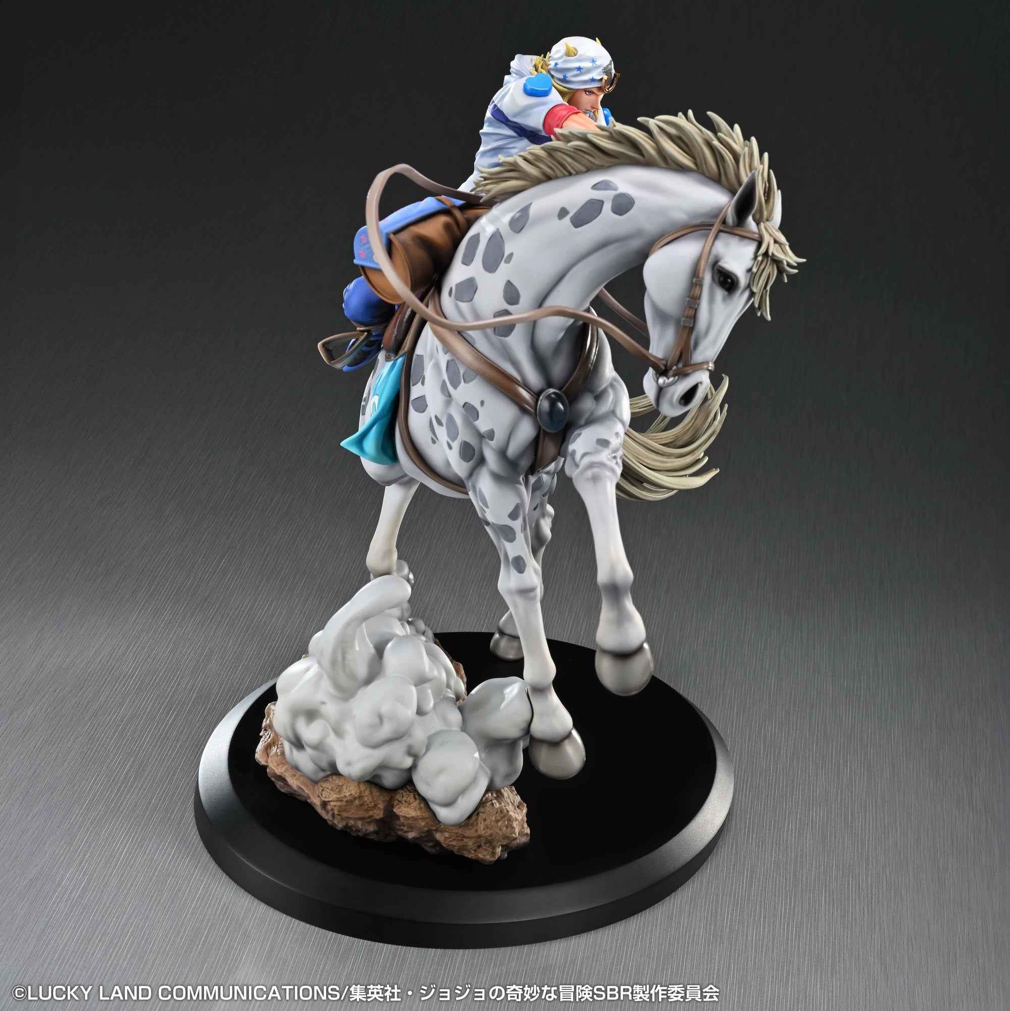 Elevated top-down front view showing the detailed mane of Slow Dancer and Johnny Joestar aiming ahead.