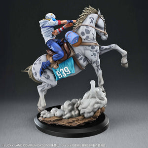 Rear left perspective of Johnny Joestar riding Slow Dancer with visible racing number 939 and dynamic muscular sculpt.