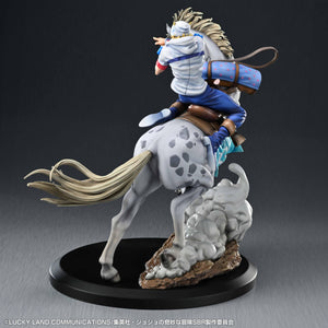 Direct rear angle view of the Johnny Joestar and Slow Dancer figure showing saddle pack roll and flowing cape hoodie.