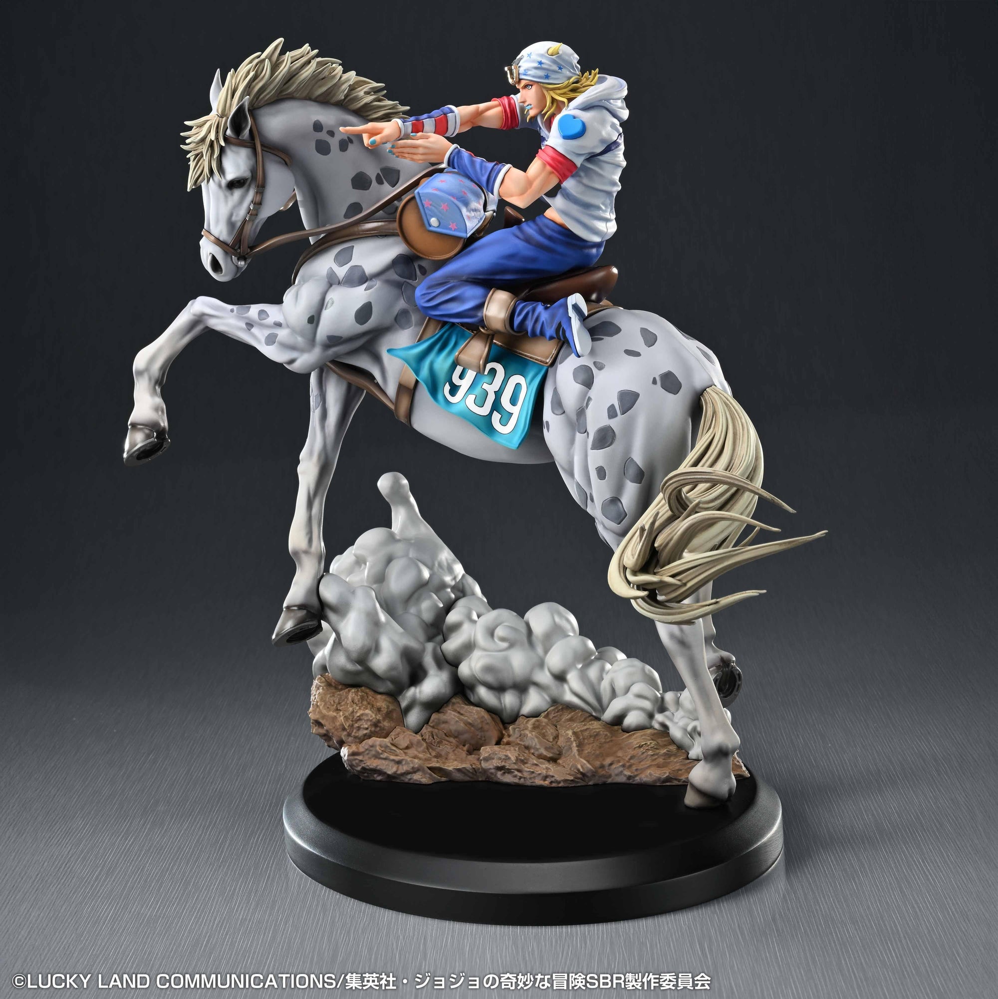 Left side view of Johnny Joestar aiming a nail bullet atop Slow Dancer, displaying the number 939 saddle blanket.