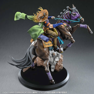 Detailed rear right three-quarter view of the Chozo Art Gyro Zeppeli & Valkyrie figure, showcasing the intricate painting on the leather boots, cape, and western saddle gear.