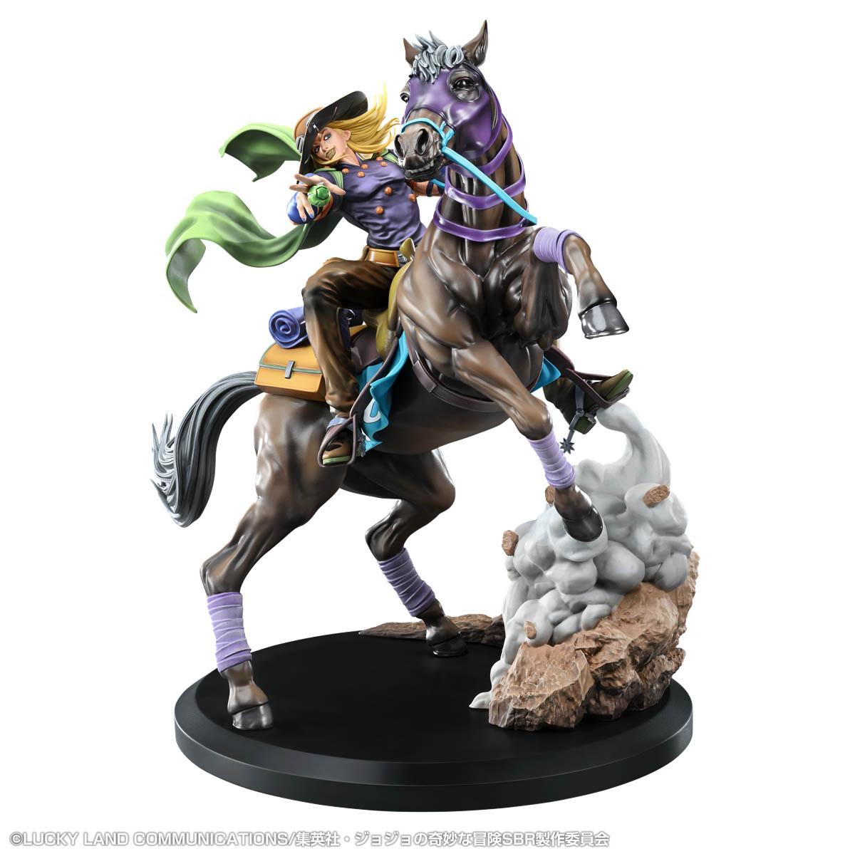 Front three-quarter view of the Chozo Art Collection Gyro Zeppeli & Valkyrie statue against a pure white background, showcasing Gyro on his rearing horse holding a green Spin sphere.