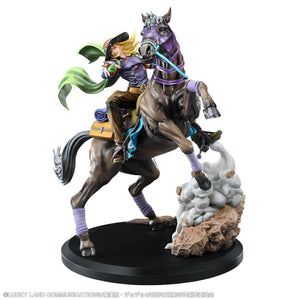 Front three-quarter view of the Chozo Art Collection Gyro Zeppeli & Valkyrie statue against a pure white background, showcasing Gyro on his rearing horse holding a green Spin sphere.