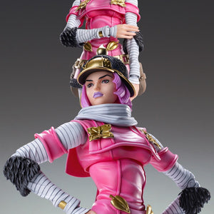 Dual-view composite showcasing the articulation and costume details of the Hot Pants action statue.
