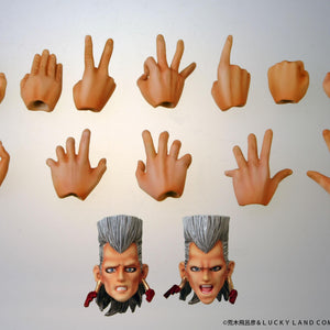 Layout of included accessories for Jean Pierre Polnareff Super Action Statue featuring interchangeable hands and extra heads