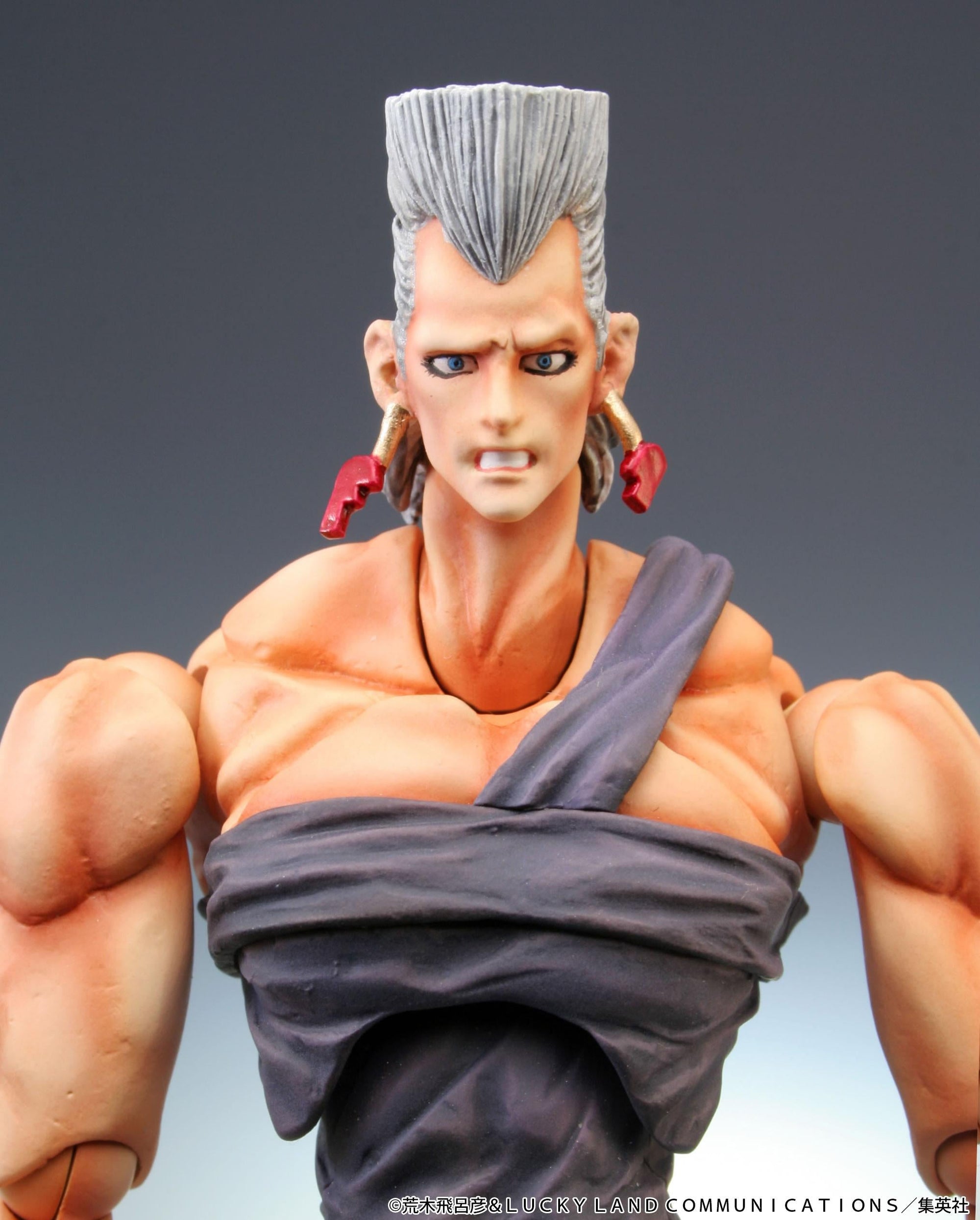 Close-up portrait of Jean Pierre Polnareff figure showing detailed clenched teeth expression and heart earring