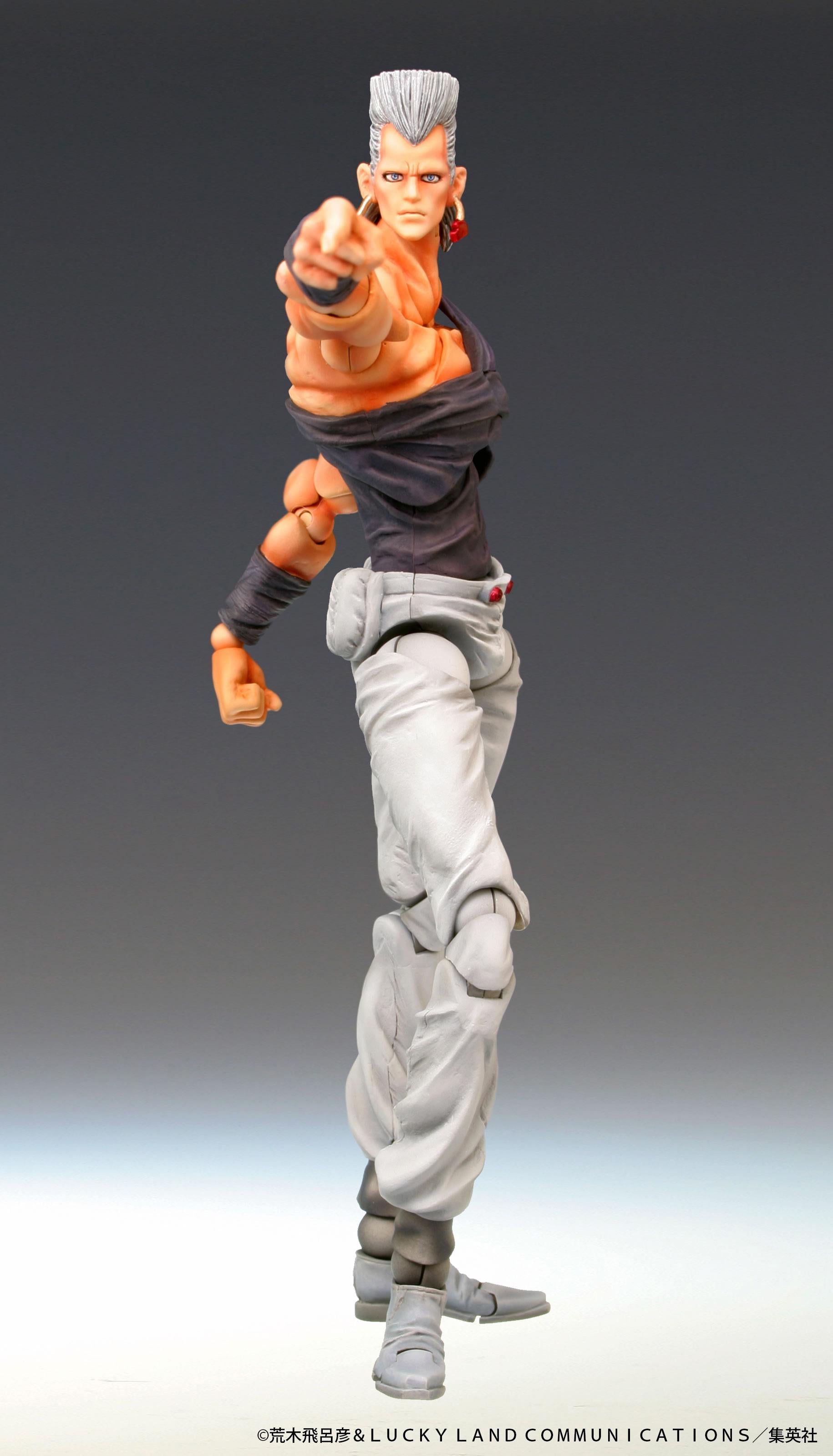 Full body action pose of Jean Pierre Polnareff Super Action Statue pointing forward