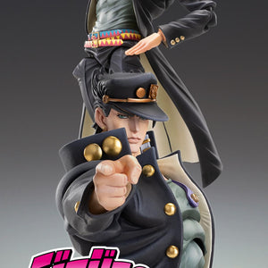 Composite promo shot showing close-up pointing pose and back profile of Jotaro Kujo Ver.2 action figure.