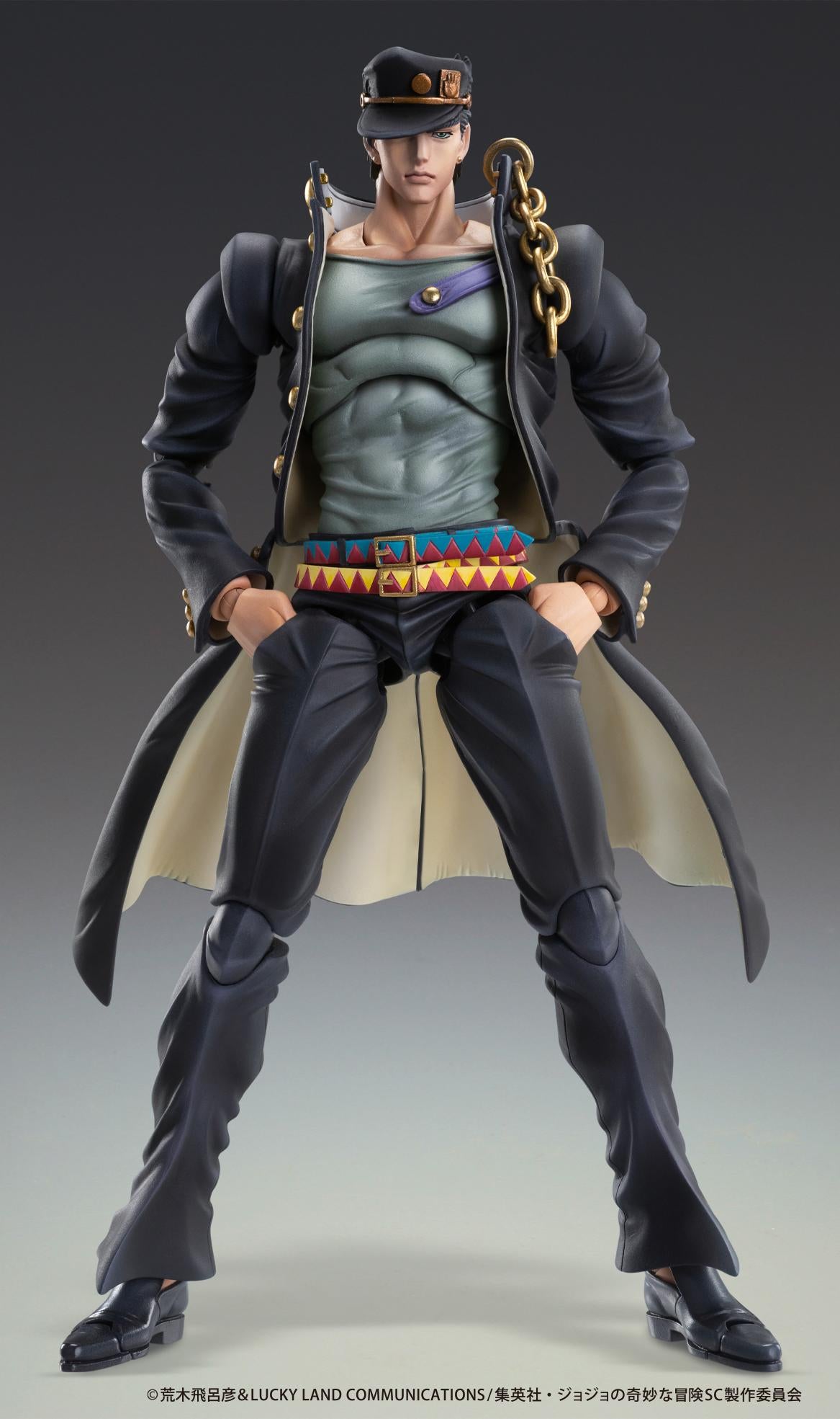 Full front view of Medicos Jotaro Kujo Ver.2 action figure standing with hands resting in his coat pockets.