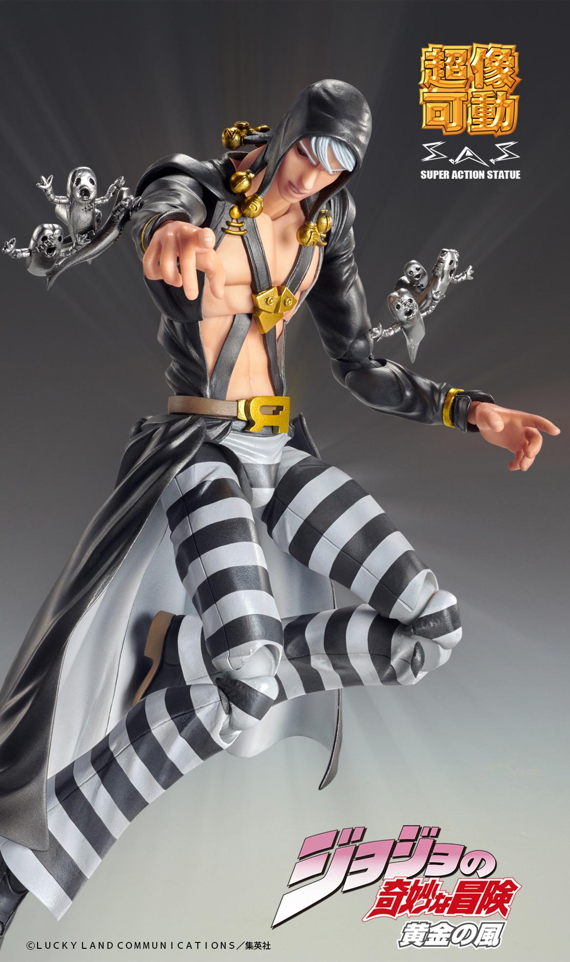 Low-profile crouching combat stance of the highly articulated Risotto Nero Golden Wind action figure on a dark reflective surface.