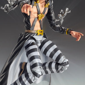 Low-profile crouching combat stance of the highly articulated Risotto Nero Golden Wind action figure on a dark reflective surface.