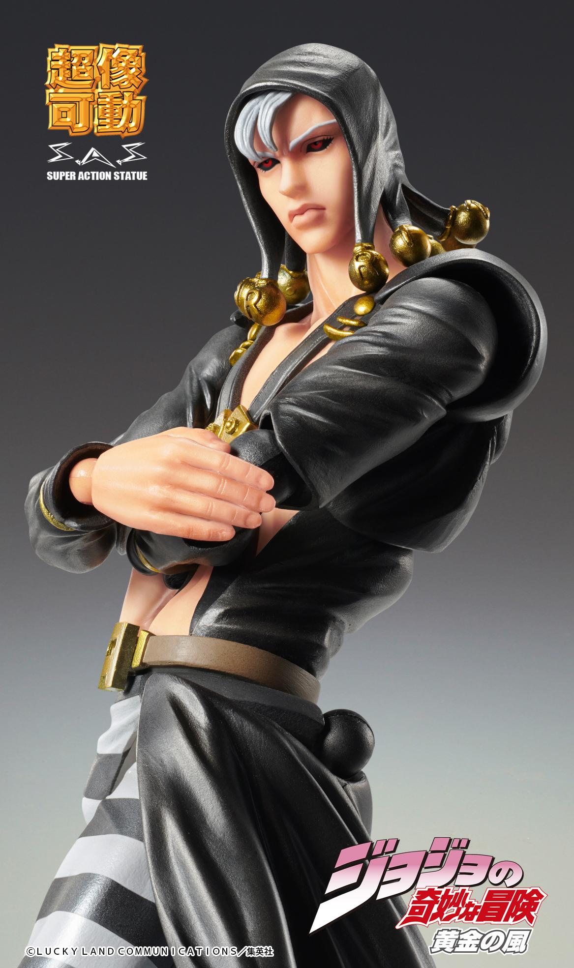 Articulated JoJo's Bizarre Adventure Risotto Nero figure utilizing the translucent red blood spray combat effect part attached to his arm.