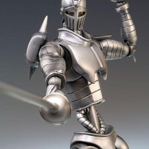 Low-angle action pose of Silver Chariot Super Action Statue pointing rapier sword forward