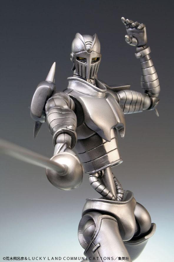 Low-angle action pose of Silver Chariot Super Action Statue pointing rapier sword forward