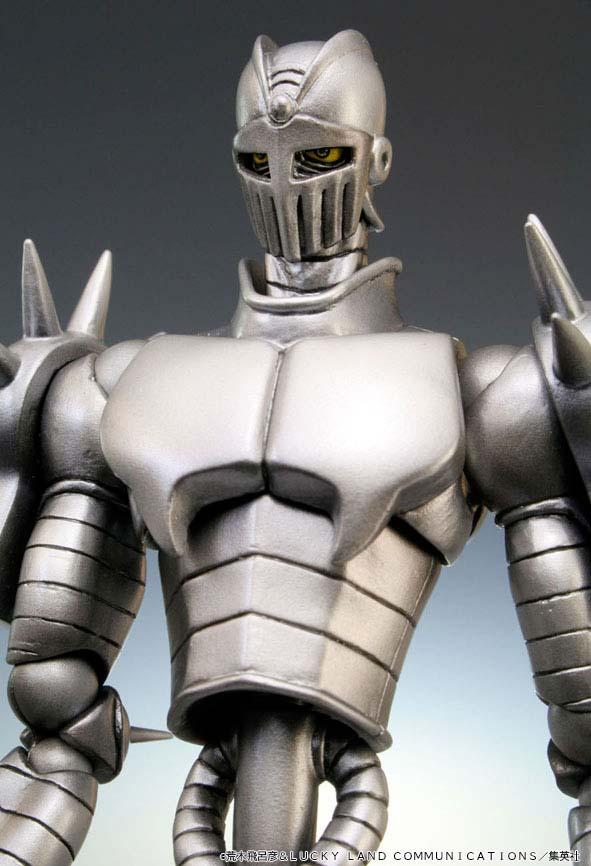 Close-up view of Silver Chariot action figure upper body and armored helmet design
