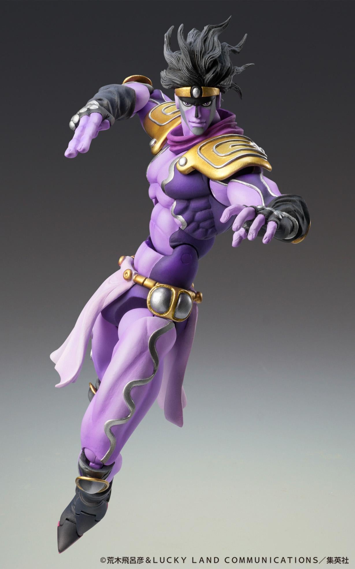 Dynamic flying combat pose of Medicos Star Platinum Third Super Action Statue figure with open hand strike.
